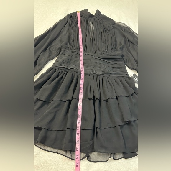 NWT Express Black Mock Neck Long Sleeve Pleated Waist Tiered Ruffle Mini  Dress - Picture 5 of 16